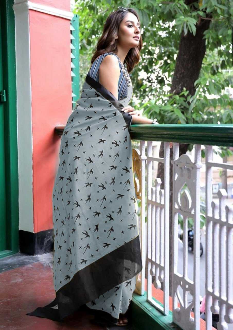 Elegant Grey Printed Saree with Black Border With Blouse Piece view 3